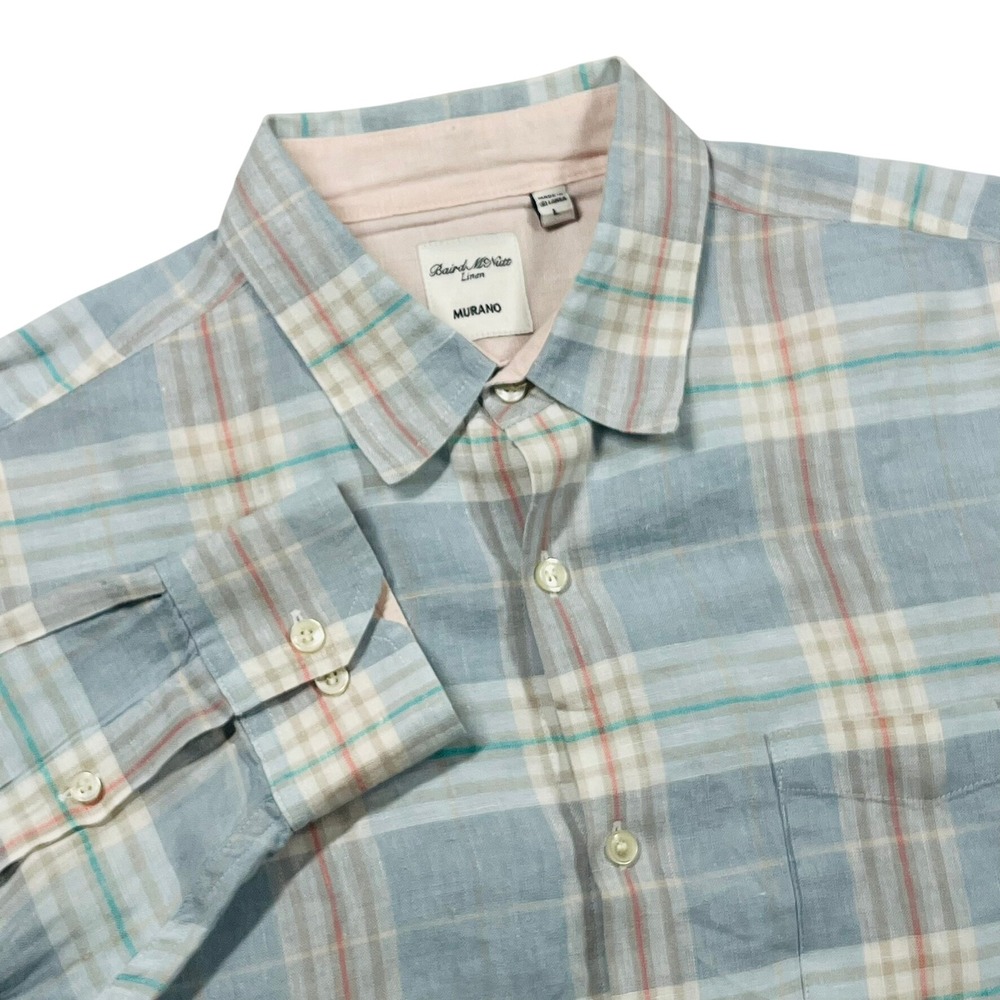 Murano Button Down Shirt Mens Large Blue Plaid Baird McNutt Linen Long Sleeve